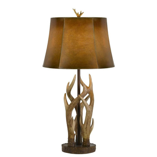 Table Lamp | 150W | Faux Leather Shade | Antler Base | Brown