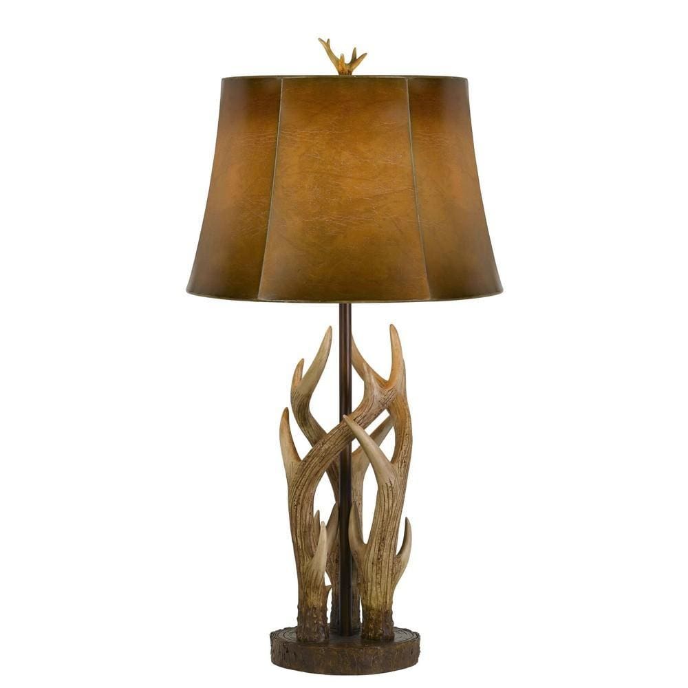 150 Watt Leatherette Shade Table Lamp with Antler Polyresin Base, Brown By Casagear Home