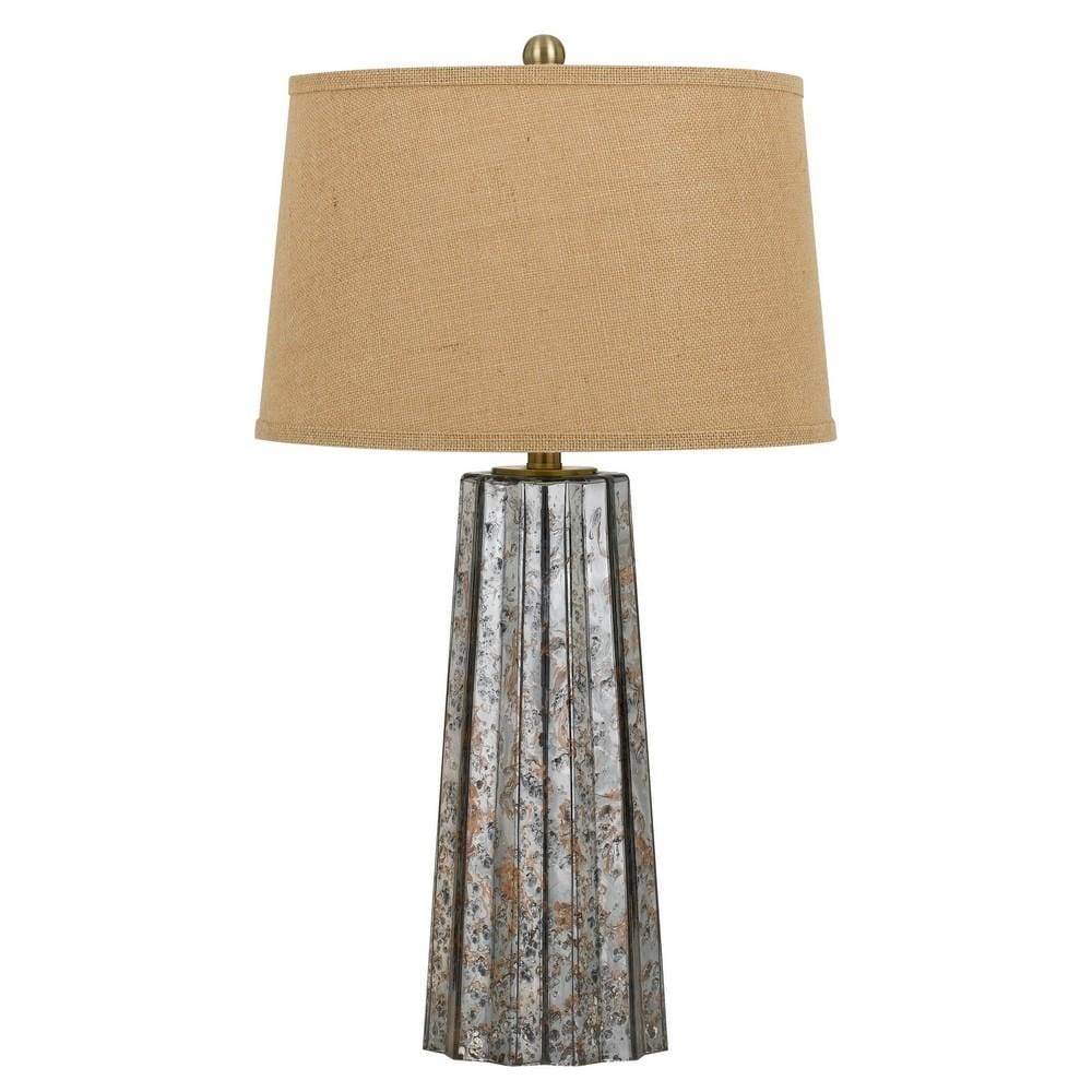Glass Body Table Lamp with Tapered Burlap Shade, Gray and Beige By Casagear Home