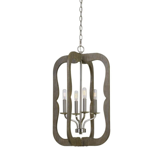 Wooden Cut Out Design Frame Pendant Fixture with Chain, Distressed Brown By Casagear Home
