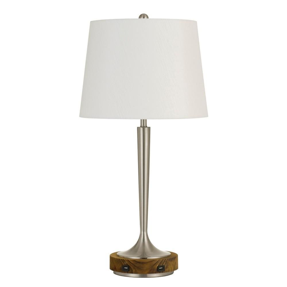 150W Metal Table Lamp with Oval Shade and 2 USB Outlets, White and Silver By Casagear Home