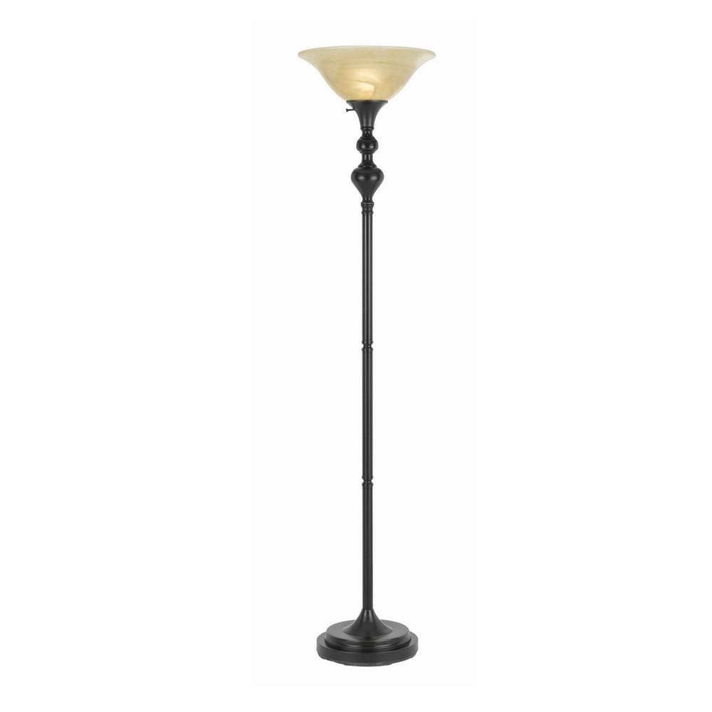 3 Way Glass Shade Torchiere Floor Lamp with Metal Pedestal Base, Black By Casagear Home