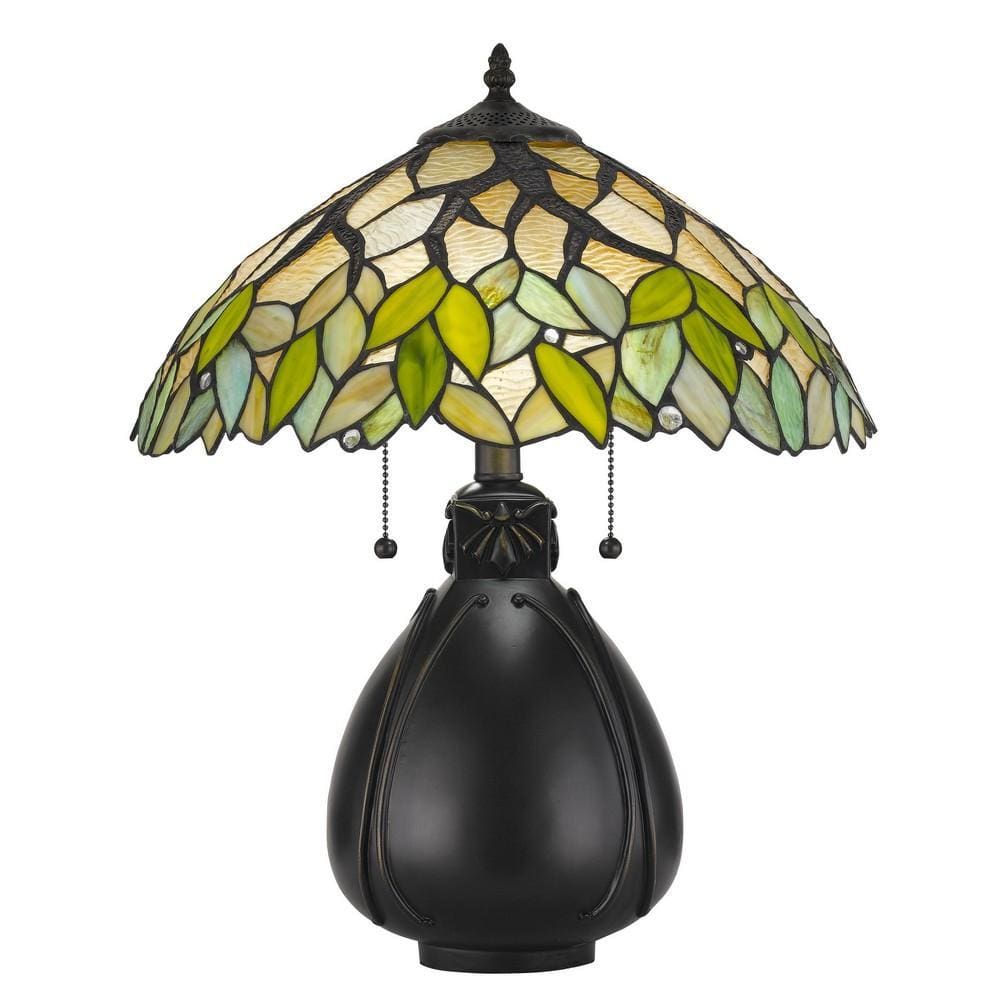 2 Bulb Tiffany Table Lamp with Leaf Design Glass Shade, Multicolor By Casagear Home