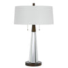 Fabric Shade Table Lamp with Faceted Mirror and Wooden Base, White By Casagear Home