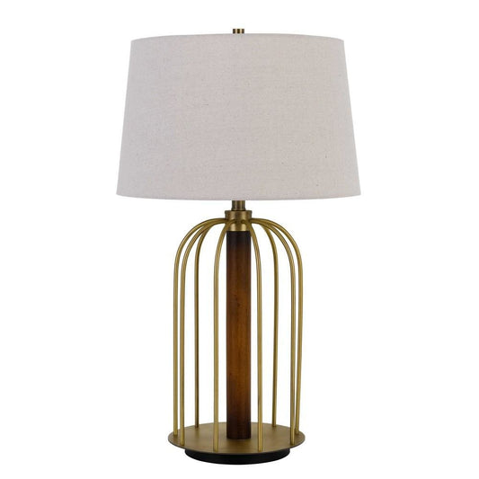 Metal Table Lamp with Cage Design Support with Round Base, White and Brass By Casagear Home