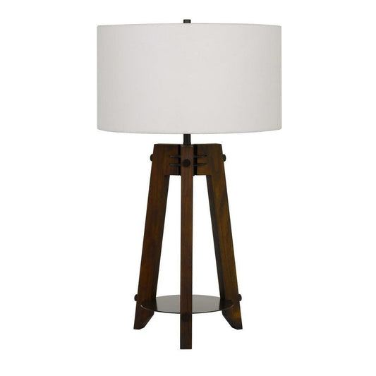 Drum Shade Table Lamp with Wooden Tripod Base, White and Brown By Casagear Home