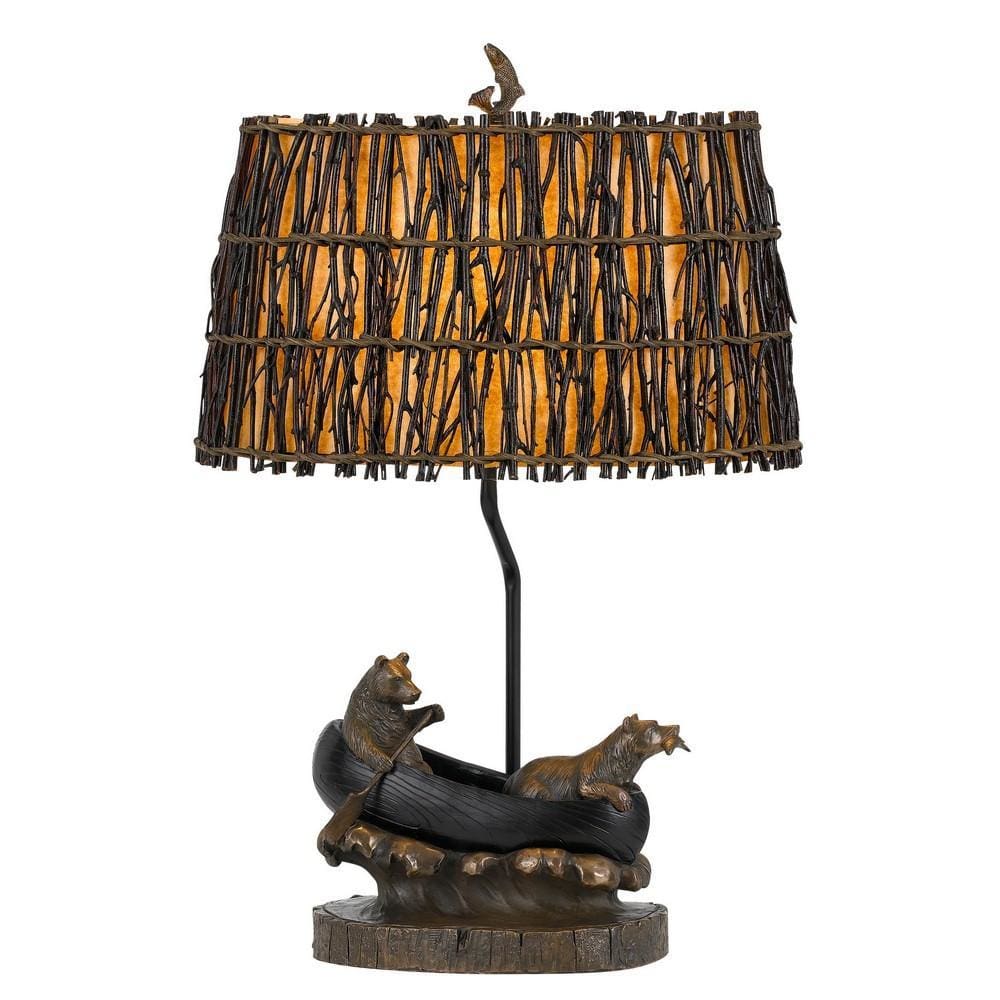 150W 3 Way Bear Canoe Table Lamp with Oval Wicker Shade, Antique Bronze By Casagear Home