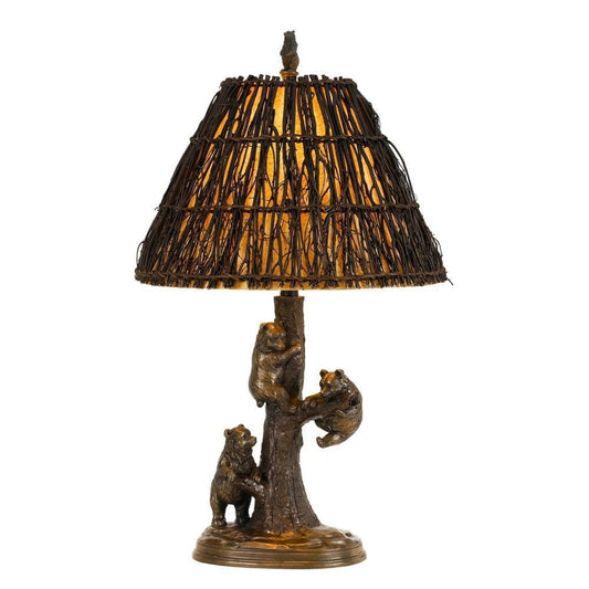 150 Watt Resin Body Table Lamp with Bear Design and Twig Shade, Bronze By Casagear Home