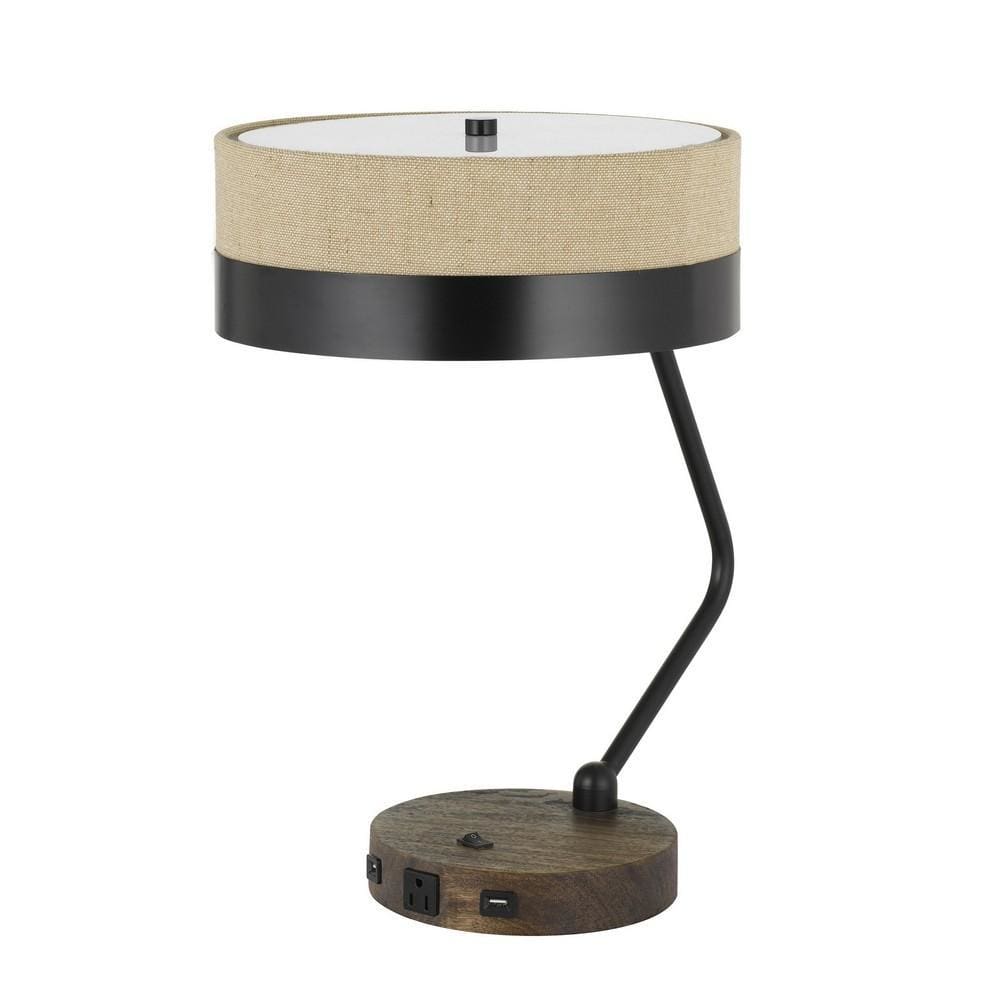 Metal Lined Fabric Shade Desk Lamp with Wooden Base, Beige and Black By Casagear Home