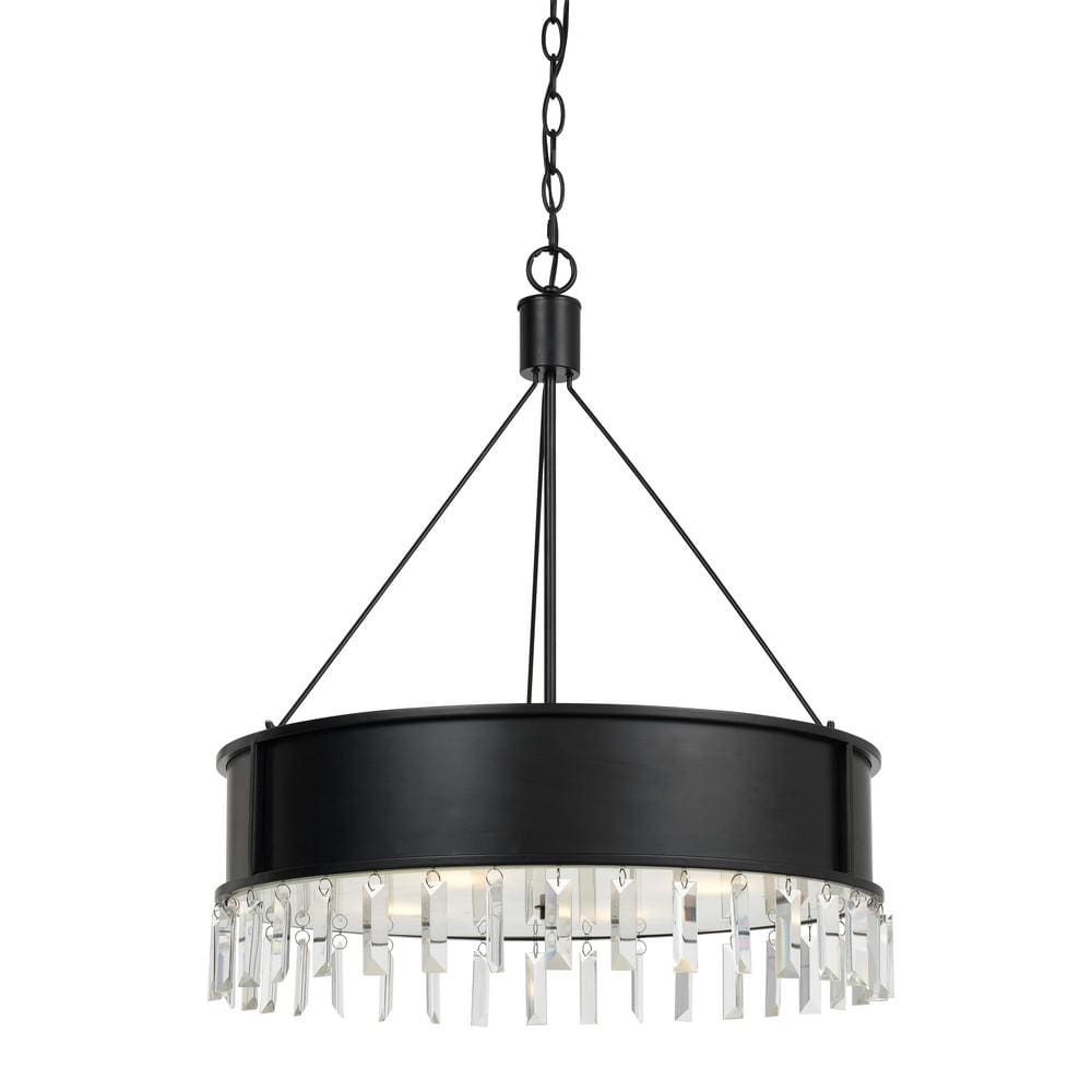 4 Bulb Round Metal Body Chandelier with Hanging Crystal Accents, Black By Casagear Home