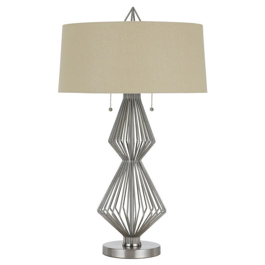 Geometric Body Metal Table Lamp with Fabric Drum Shade, Silver and Beige By Casagear Home