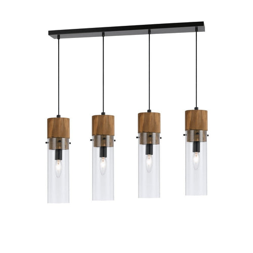 Pendant Fixture | 60W x 4 | Wood & Metal | Cylindrical Shades | Black