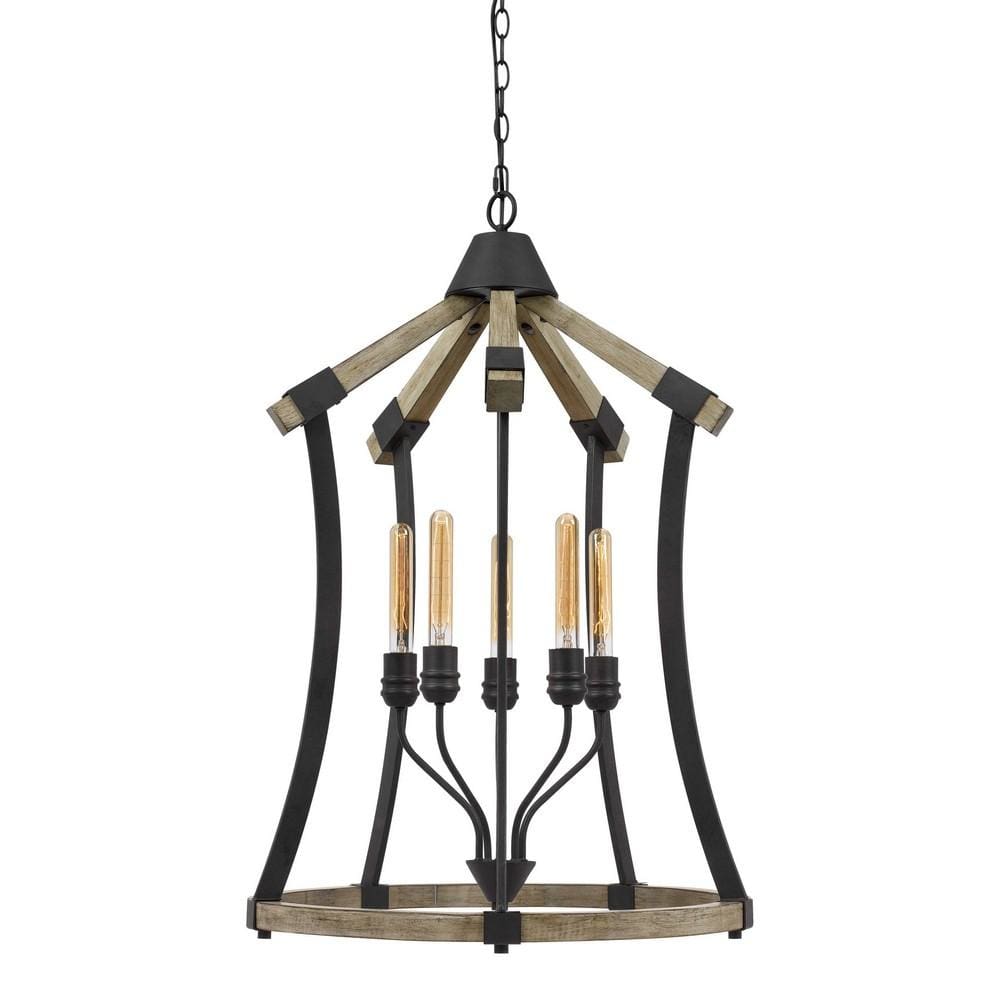 5 Bulb Pendant Fixture with Wooden and Metal Frame, Brown and Black By Casagear Home