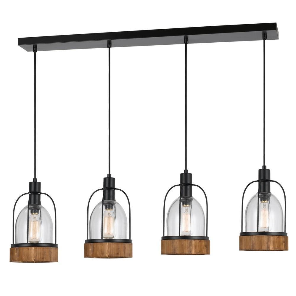 Pendant Fixture | 4 Lantern Glass Shades | Metal Frame | Black & Clear