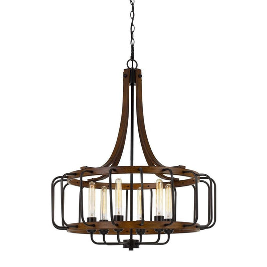 6 Bulb Round Chandelier with Wooden Frame and Metal Bars, Brown and Black By Casagear Home