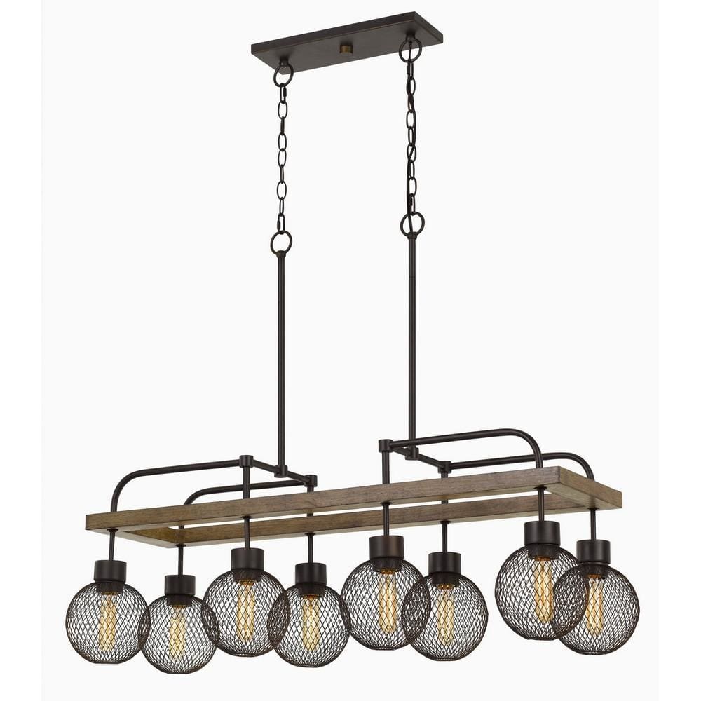 8 Bulb Chandelier with Wooden Frame and Metal Orb Shades, Brown and Black By Casagear Home
