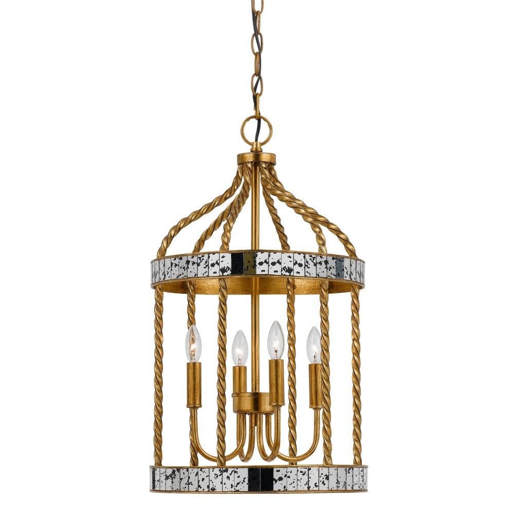 25 Inch Metal Chandelier Pendant, Bird Cage Design, Woven Rope, Gold By Casagear Home