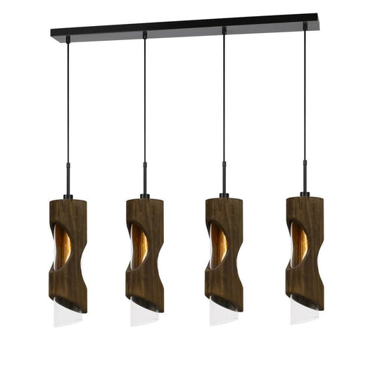 4 Light Metal Frame Pendant Fixture with Wooden and Glass Shades, Brown By Casagear Home