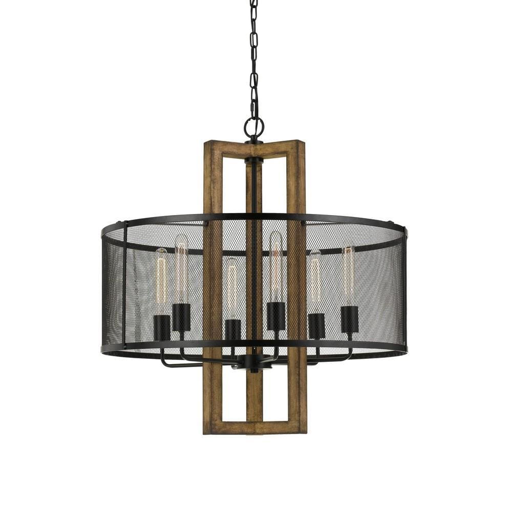 60 X 6 Wooden Chandelier with Round Metal Mesh Shade, Black and Brown By Casagear Home