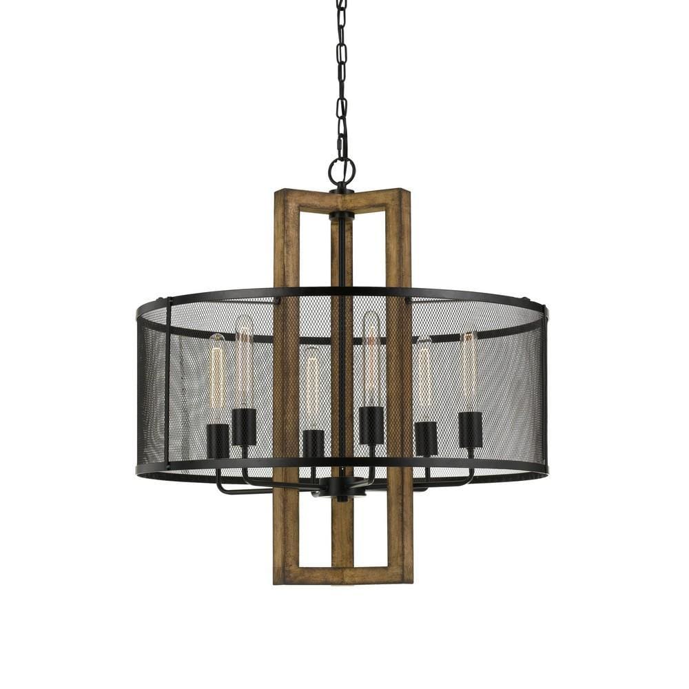 Chandelier | 60W x 6 | Wood Frame | Metal Mesh Shade | Black & Brown