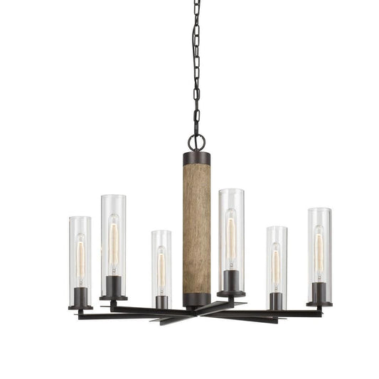 Metal 6 Bulb Chandelier with Cylindrical Glass Shade, Black and Brown By Casagear Home