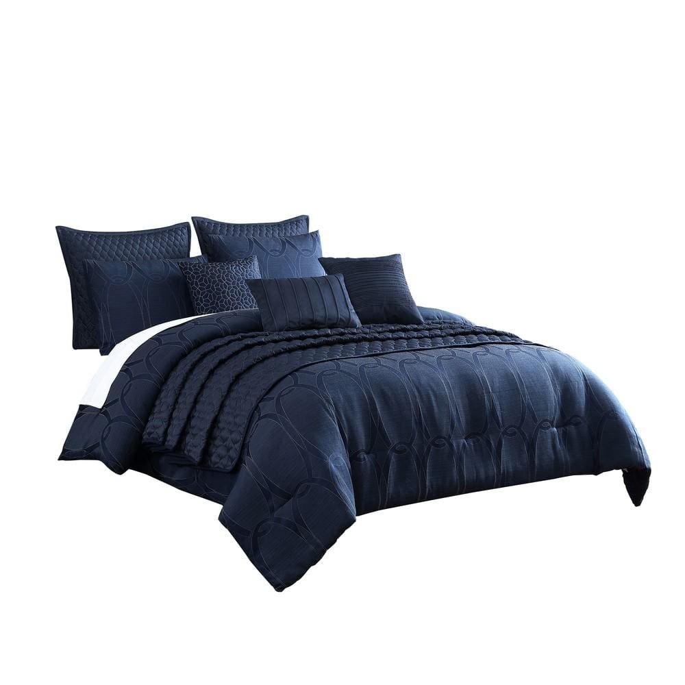 10 Piece King Polyester Comforter Set with Geometric Oblong Print, Dark Blue By Casagear Home