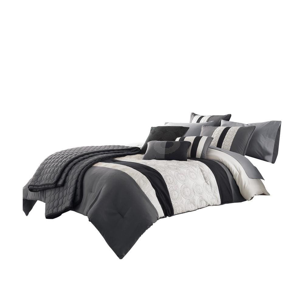 Comforter Set | 7 Piece Queen | Cotton | Geometric Print | Gray & Black