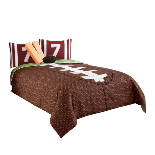 6 Piece Full Comforter Set with Football Field Print, Brown and Green By Casagear Home