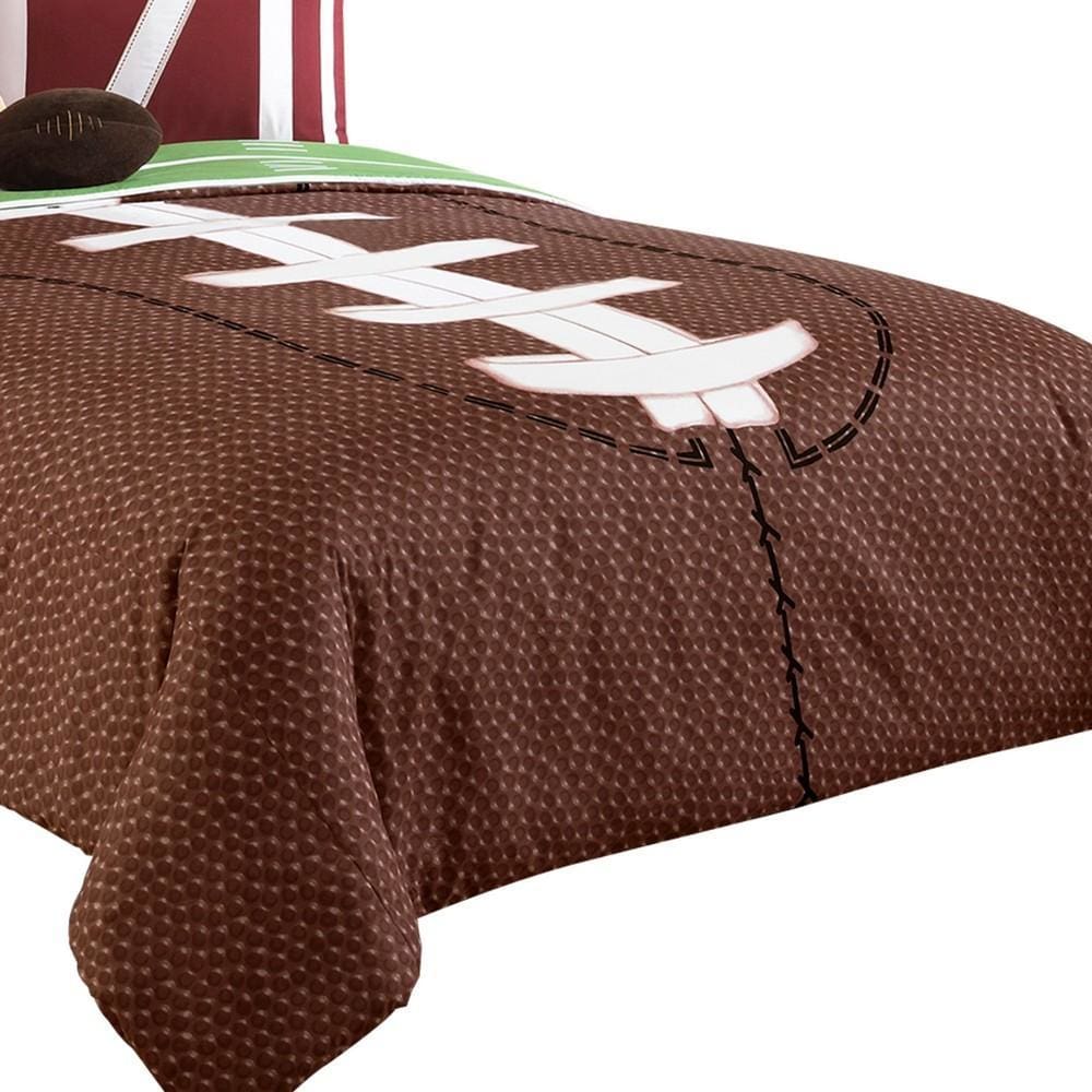 6 Piece Full Comforter Set with Football Field Print Brown and Green By Casagear Home BM225154