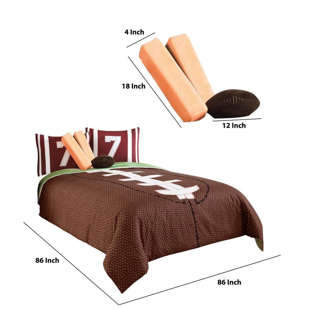 6 Piece Full Comforter Set with Football Field Print Brown and Green By Casagear Home BM225154