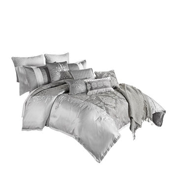 12 Piece Queen Polyester Comforter Set with Medallion Print, Platinum Gray By Casagear Home