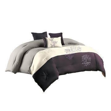 7 Piece King Polyester Comforter Set with Leaf Embroidery, Gray and Purple By Casagear Home