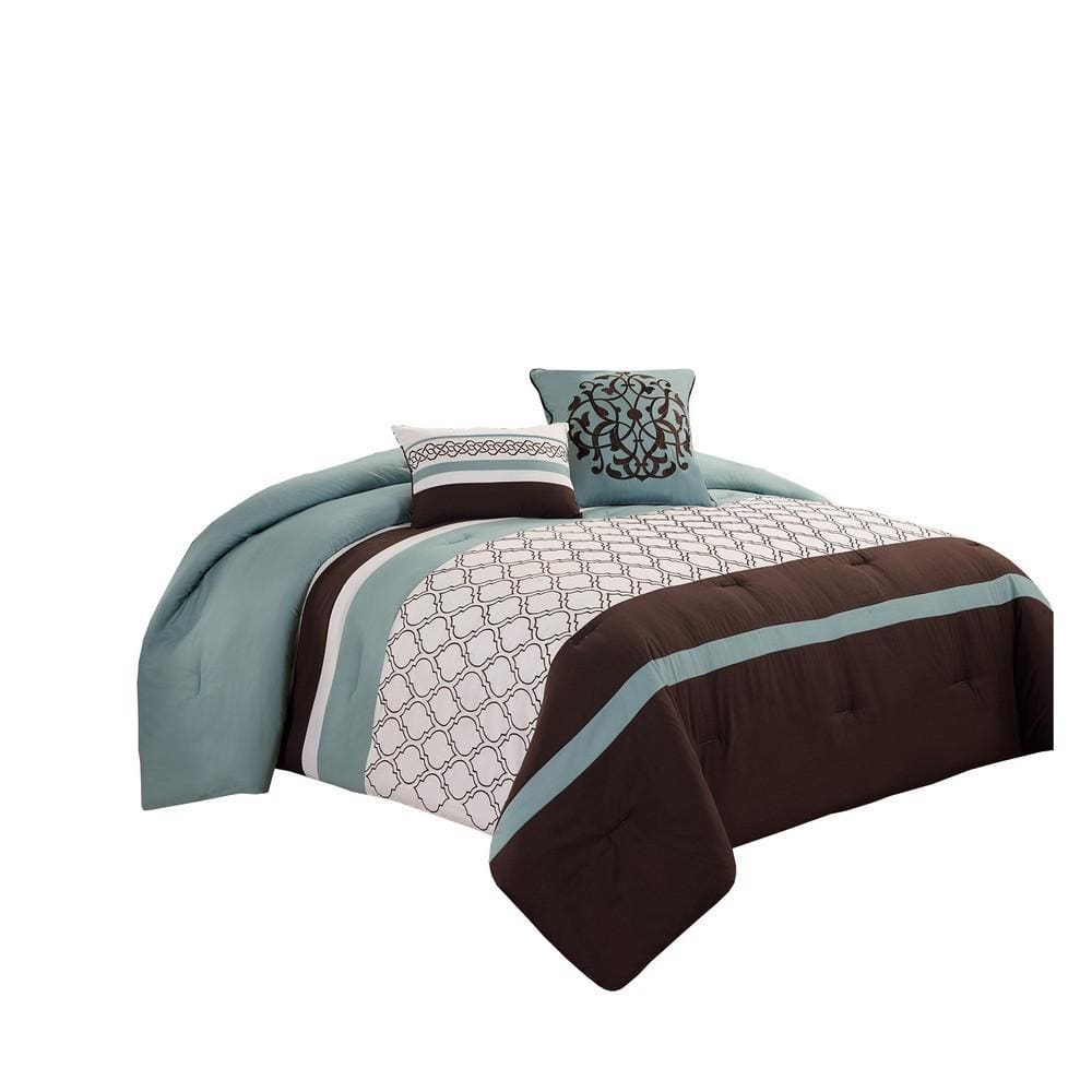 Quatrefoil King Size 8 Piece Fabric Comforter Set , Brown and Blue By Casagear Home
