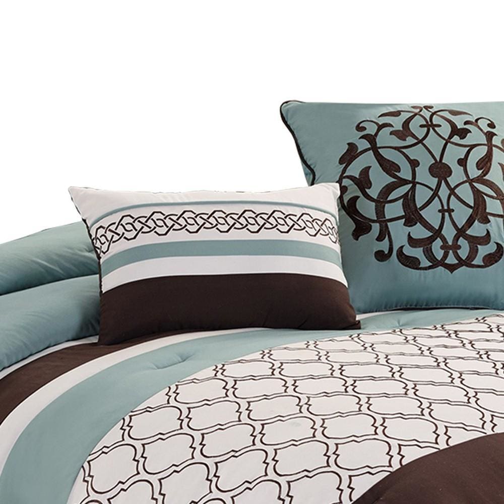 Quatrefoil King Size 8 Piece Fabric Comforter Set Brown and Blue By Casagear Home BM225203