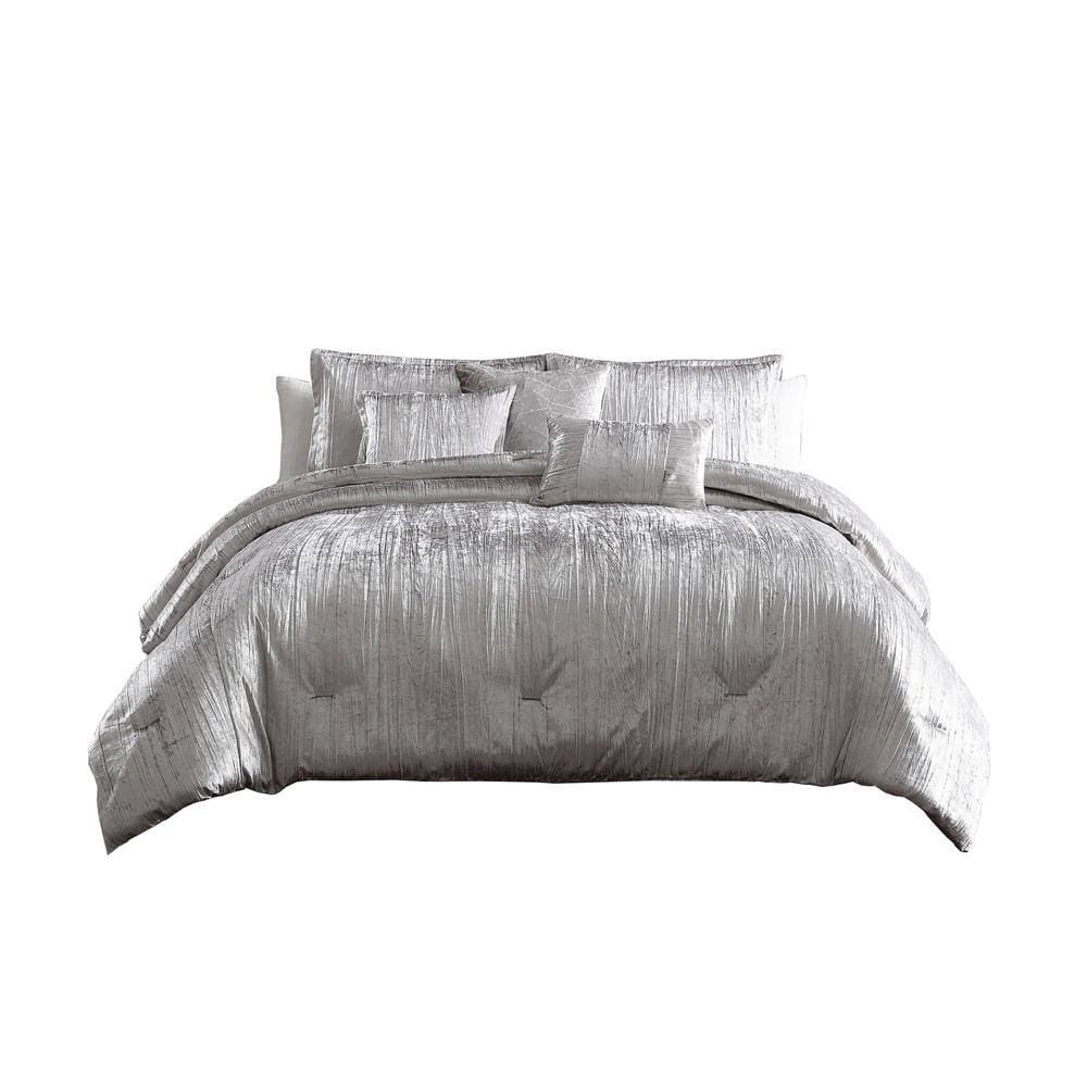 Queen Size 7 Piece Fabric Comforter Set with Crinkle Texture, Silver By Casagear Home