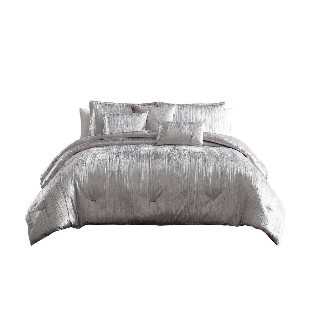 Comforter Set | 7 Piece Queen | Crinkle Texture | Silver