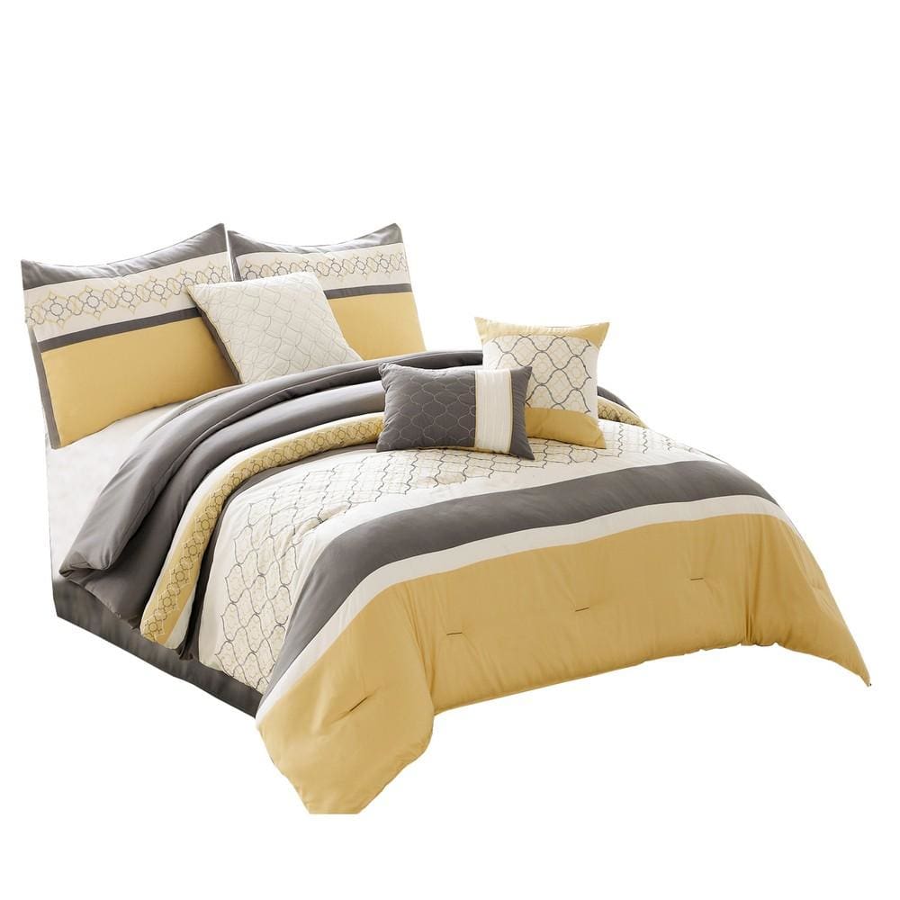 Comforter Set | 7 Piece King | Quatrefoil Print | Yellow & Gray
