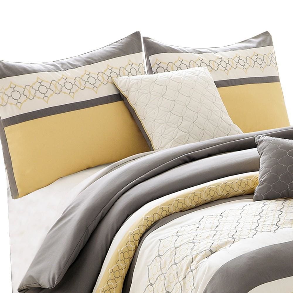 Quatrefoil Print King Size 7 Piece Fabric Comforter Set Yellow and Gray By Casagear Home BM225207
