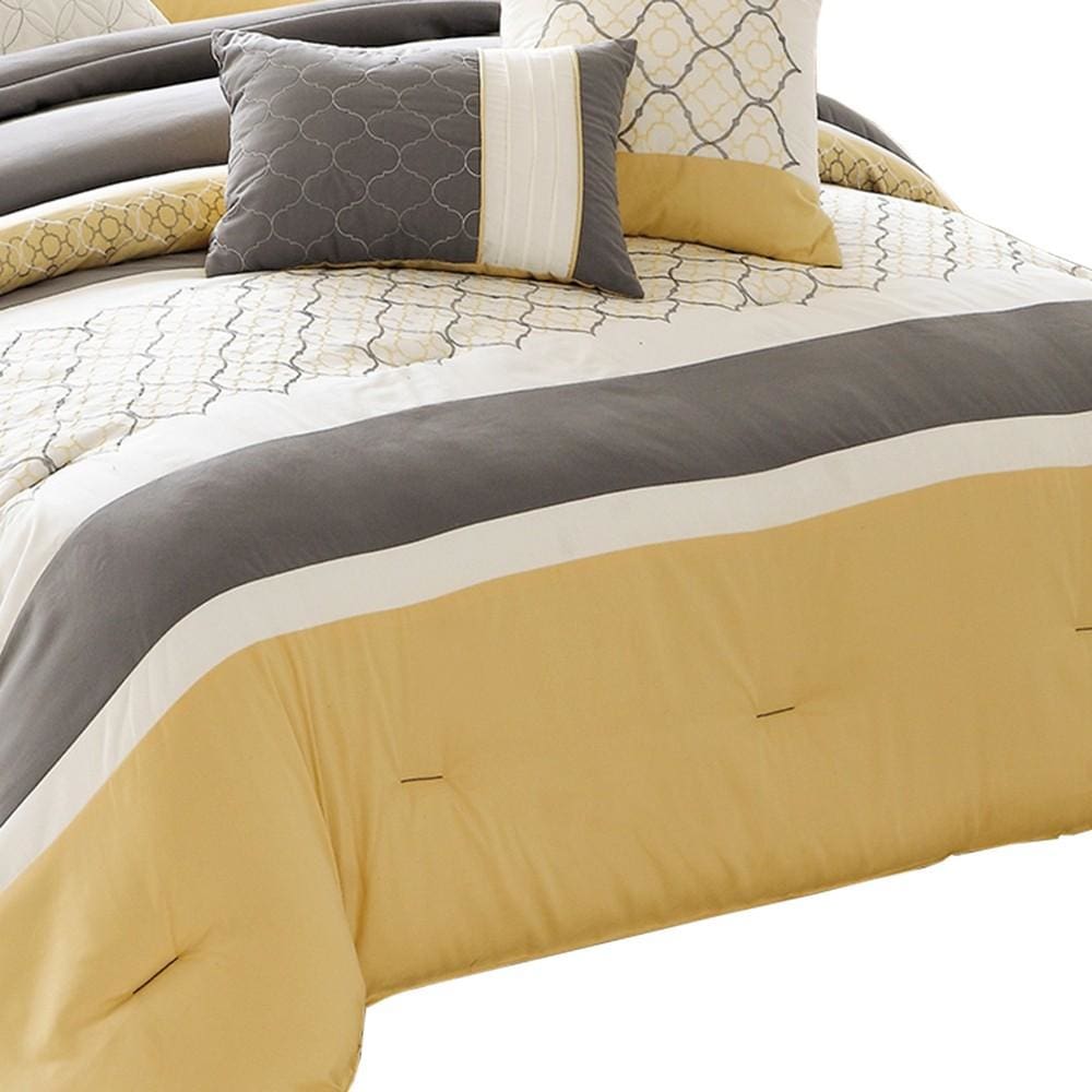 Quatrefoil Print King Size 7 Piece Fabric Comforter Set Yellow and Gray By Casagear Home BM225207