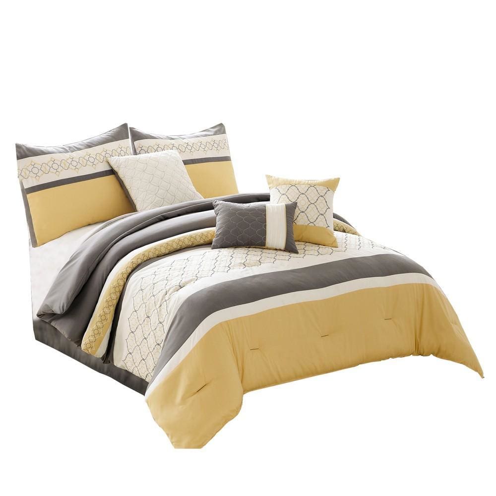 Quatrefoil Print Queen Size 7 Piece Fabric Comforter Set, Yellow and Gray By Casagear Home