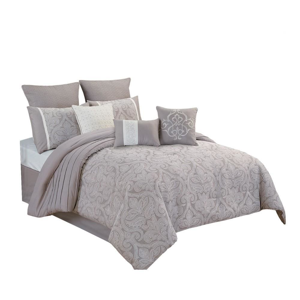 Queen Size 9 Piece Fabric Comforter Set with Medallion Prints, White By Casagear Home