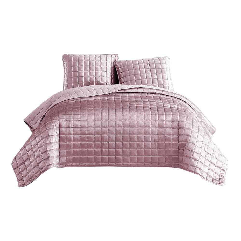 3 Piece King Size Coverlet Set with Stitched Square Pattern, Pink By Casagear Home
