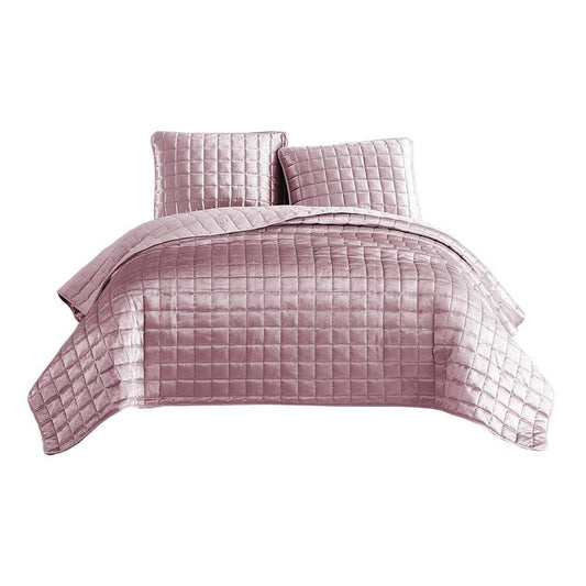 3 Piece King Size Coverlet Set with Stitched Square Pattern, Pink By Casagear Home