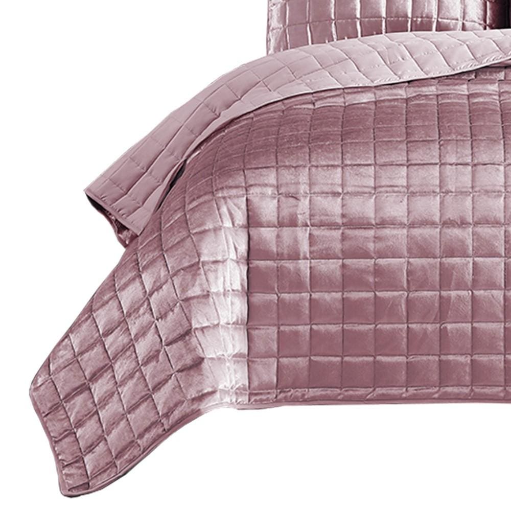 3 Piece King Size Coverlet Set with Stitched Square Pattern Pink By Casagear Home BM225231