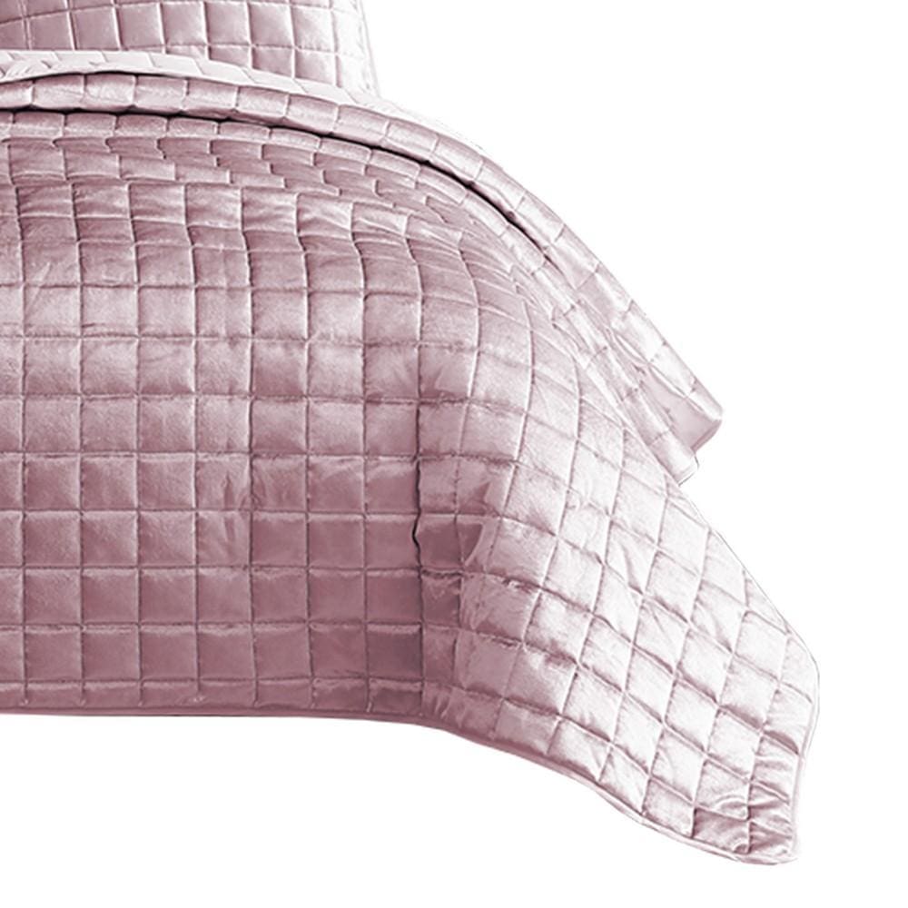 3 Piece King Size Coverlet Set with Stitched Square Pattern Pink By Casagear Home BM225231