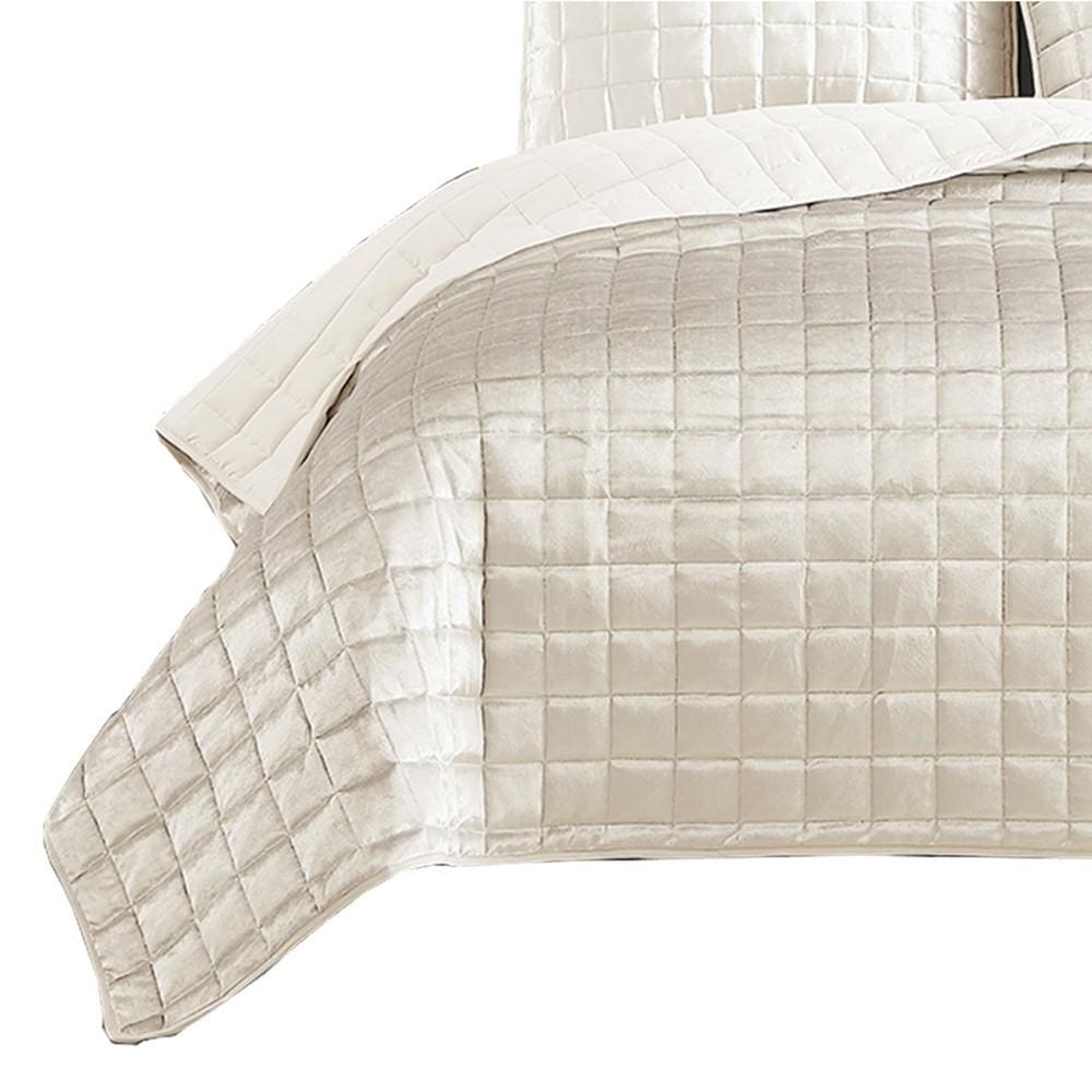 3 Piece Queen Size Coverlet Set with Stitched Square Pattern Cream By Casagear Home BM225234