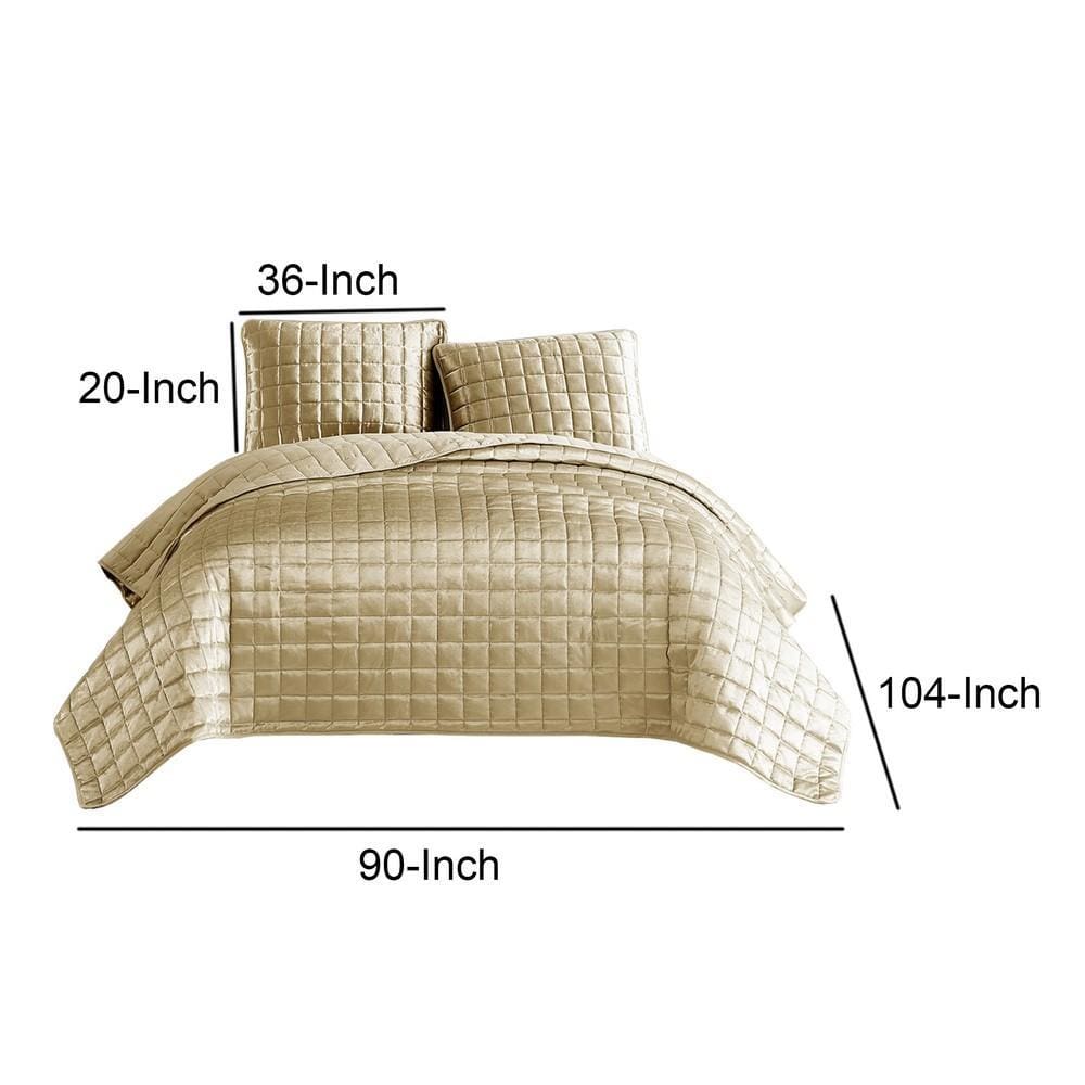 3 Piece King Size Coverlet Set with Stitched Square Pattern Gold By Casagear Home BM225235