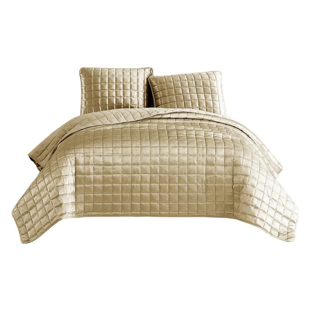 Coverlet Set | 3 Piece Queen | Stitched Square Pattern | Gold