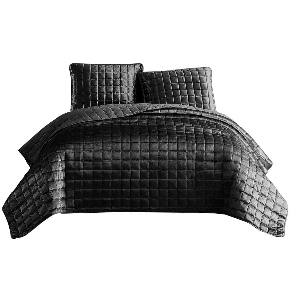 3 Piece King Size Coverlet Set with Stitched Square Pattern, Dark Gray By Casagear Home