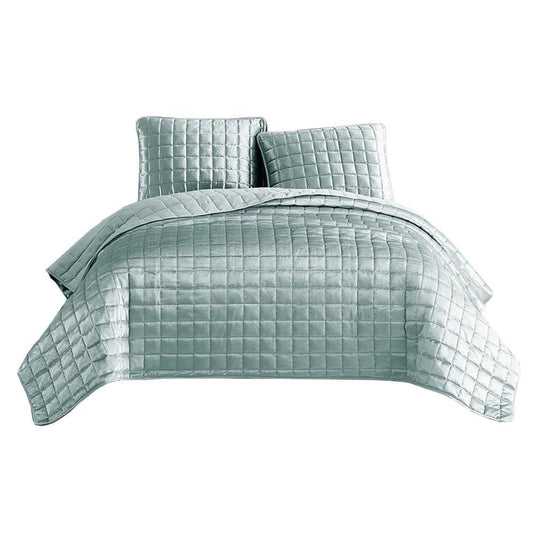3 Piece King Size Coverlet Set with Stitched Square Pattern, Sea Green By Casagear Home
